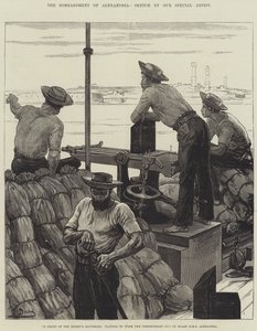 Aleksandrian pommitus, vihollisen pattereiden edessä, odottamassa Nordenfeldtin tykin toimintaa HMS Alexandran aluksella.